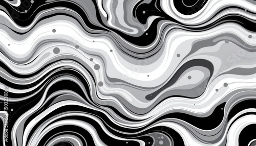 abstract black and white puter generated background with waves, curls, and circles, subject positioned on the left with pearl white tones, clear copy space on the right for photos.