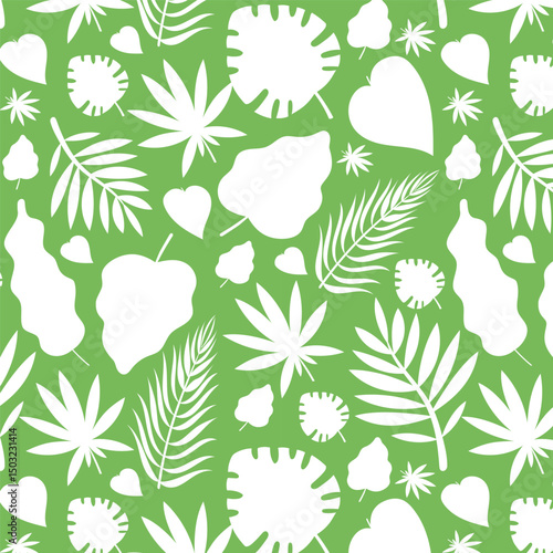 Tropical foliage background pattern, summer leaf silhouettes seamless pattern. Different types of foliage design perfect for summery or nature-inspired themes.