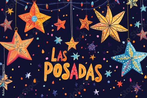 Las posadas celebration with hanging stars and colorful decorations