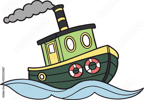 Cute Colorful Cartoon Tugboat with Life Preservers Sailing on Ocean Waves Under Smoky Chimney in Nautical Marine Illustration for Kids and Fun Graphics