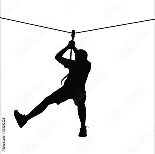 Silhouette of a person ziplining through the air enjoying outdoor adventure activities.