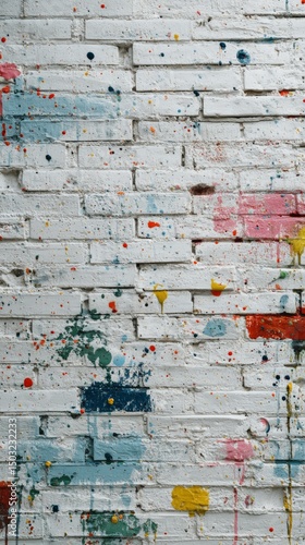 Colorful paint splashes on white brick wall
