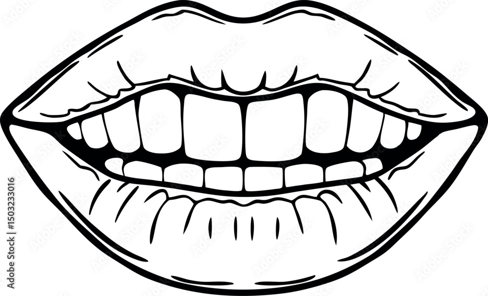 Detailed Black and White Vector Illustration of Human Lips and Teeth for Dental Health, Oral Hygiene, Medical Anatomy, and Educational Graphics Detailed Black and White Vector Illustration of Human Lips and Teeth for Dental Health, Oral Hygiene, Medical Anatomy, and Educational Graphics