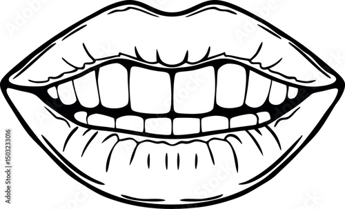 Detailed Black and White Vector Illustration of Human Lips and Teeth for Dental Health, Oral Hygiene, Medical Anatomy, and Educational Graphics