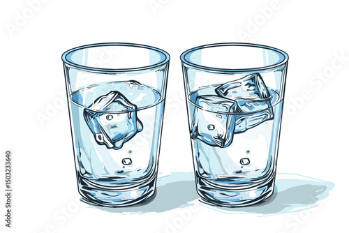 Splash of water in a wide glass with ice isolated on white background