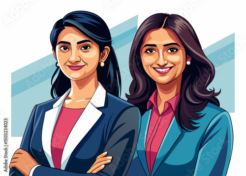 Two Business and career woman, young indian women vector, professional entrepreneur standing in office clothes illustration, white isolated background