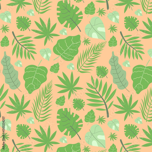 Jungle seamless pattern wth tropical green leaves. Dense foliage design with monstera, palm, and fern on light background. 