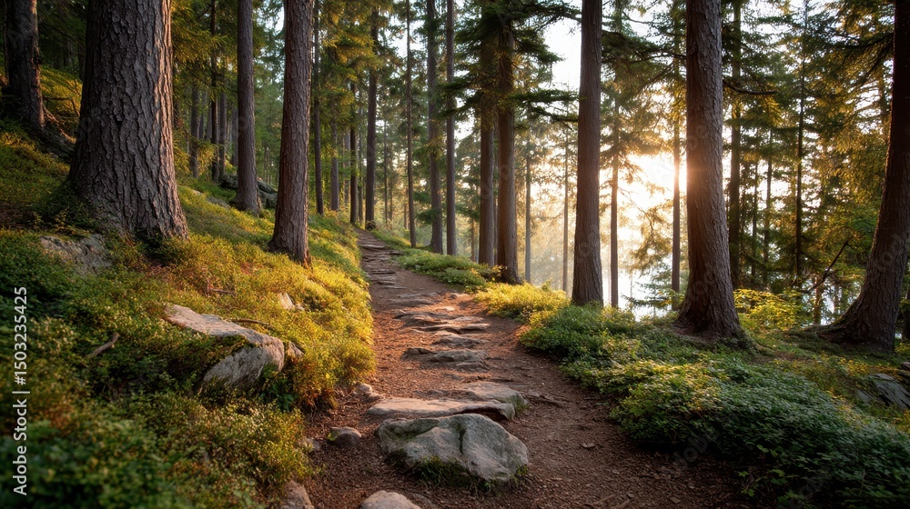 Fototapeta premium Forest Path Illuminated by Warm Golden Summer Light