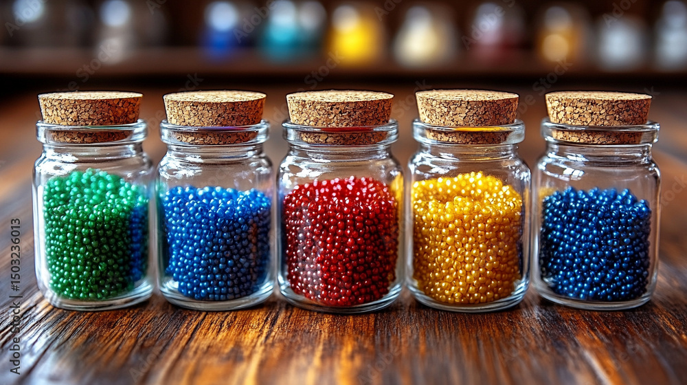 Five small glass jars with cork lids filled with colorful beads, arranged on a wooden table against a bright modern white background with clean, fresh tones and caption space on the side.
Five small glass jars with cork lids filled with colorful beads, arranged on a wooden table against a bright modern white background with clean, fresh tones and caption space on the side.