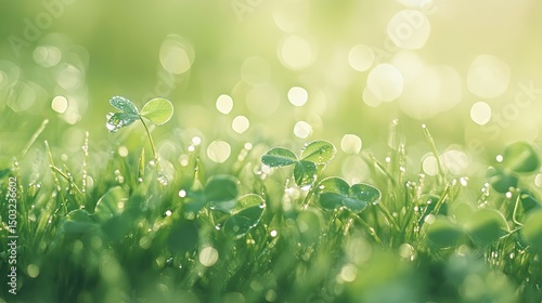 close-up of dewdrops on clover leaves in Irish morning meadow, soft greens and crystal clear droplets