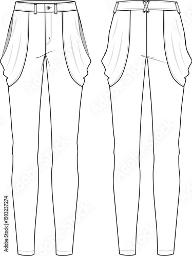 Technical Drawing and Fashion CAD Mockup of Women’s High-Rise Skinny Fit Jeans with Cowl Detailing and Slanted Pockets – Front and Back Views