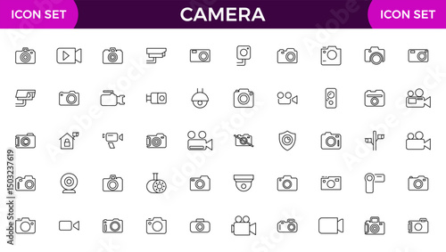 Camera line icon collection. Photography, video, shooting, camera lens, tripod, studio, action camera and camera and equipment line icon set.