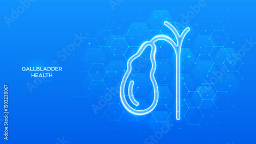 Gallbladder icon. Treatment and prevention of gallstone disease, cholecystitis, cholecystectomy, biliary dyskinesia. Molecular structure. Blue medical background with hexagons. Vector illustration.