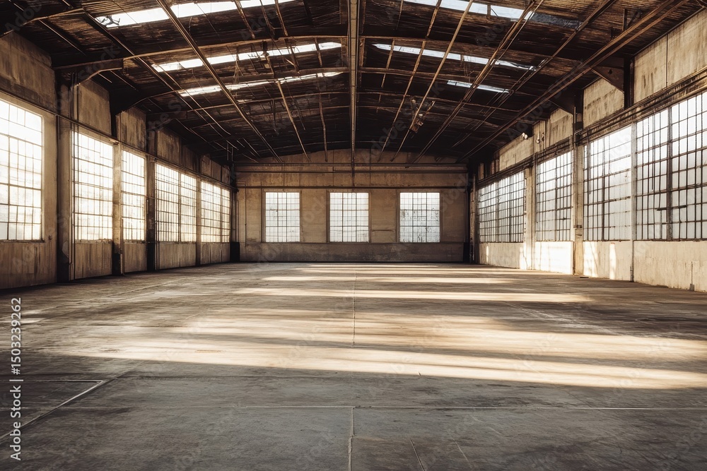 Vast empty industrial warehouse interior with large windows allowing natural light to stream in during daytime Vast empty industrial warehouse interior with large windows allowing natural light to stream in during daytime