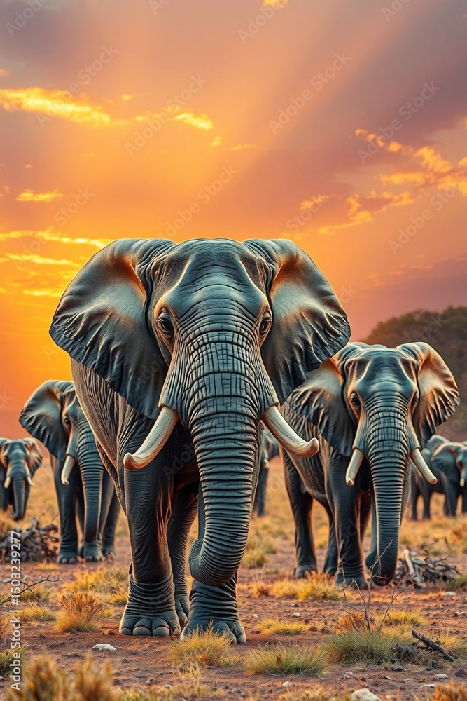 Fototapeta premium Majestic Elephant Herd at Sunset – Wildlife Safari Landscape