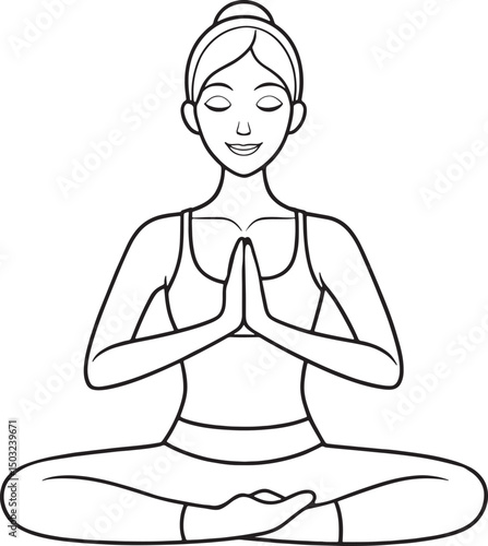 Cartoon girl meditating in lotus position line art vector illustration