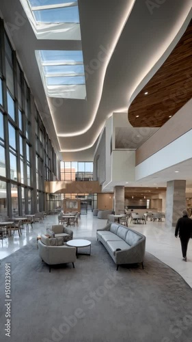 Bright modern building lobby featuring comfortable lounge seating with expansive windows and natural light skylights in ceiling