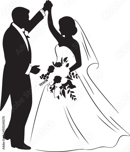 Bride and Groom Wedding Silhouette

Just Married Couple Vector Art

Elegant Wedding Moment Illustration

Romantic Bride & Groom Pose

Classic Wedding Couple Silhouette