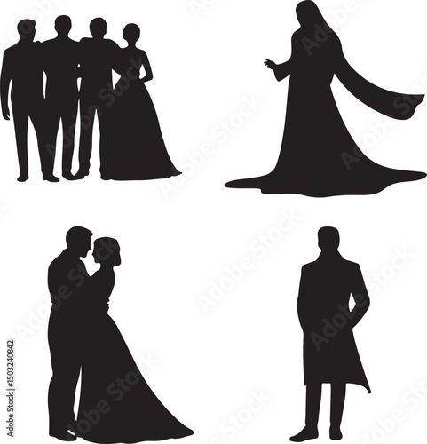 Bride and Groom Wedding Silhouette

Just Married Couple Vector Art

Elegant Wedding Moment Illustration

Romantic Bride & Groom Pose

Classic Wedding Couple Silhouette