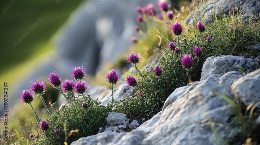 Obraz premium flat lay of alpine flora in Dolomites, Italy, purple thistles, pale stones, rich greens