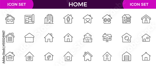Home and house line icon collection. Real estate, building, key, smart home, family, home loan, rent house and management icon set.