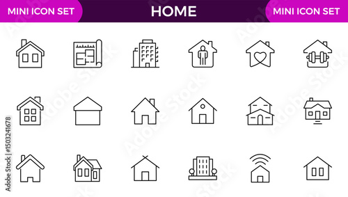 Home and house line icon collection. Real estate, building, key, smart home, family, home loan, rent house and management icon set.