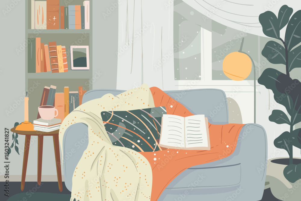 Obraz premium Girl relaxed. Woman home, cat sleep on knee. Young female using smartphone in living room. House garden, domestic plants in relax zone vector concept