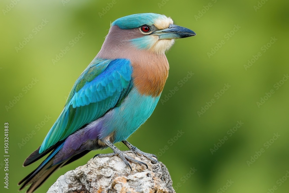 Fototapeta premium European roller coracias garrulus perched peacefully on a rock, displaying its vibrant plumage in the warm light of a sunny afternoon, with a soft green background