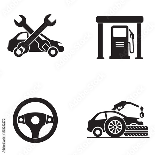 Automotive icons depicting car repair refueling steering and wheel replacement in black and white