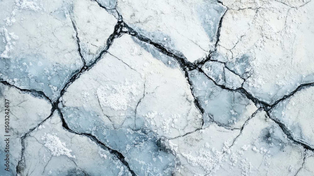 Obraz premium flat lay of cracked ice and snow in Greenland fjord, cool blues, whites, and light gray shadows