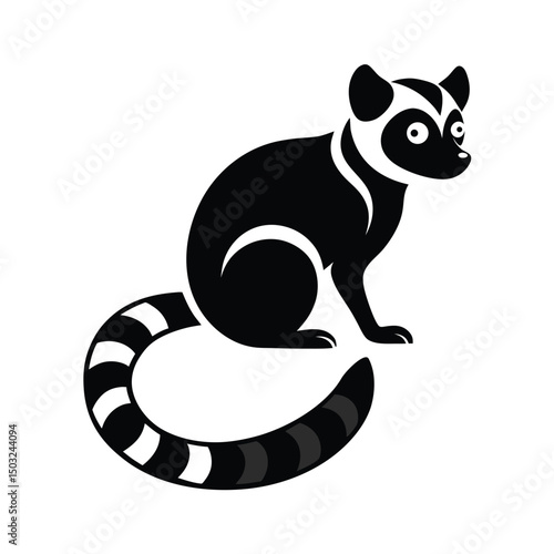 Elegant black and white minimalist illustration of a ring tailed lemur on a white background