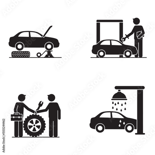 Set of car repair and maintenance icons depicting various service procedures