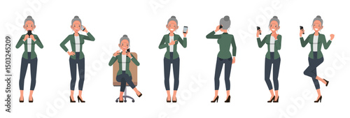 Business woman with white hair tied up wear green shirt character vector illustration design set. Women holding a mobile phone.