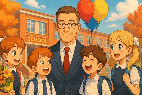 Happy teacher posing with cheerful students outside school  