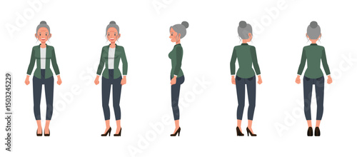Business woman with white hair tied up front, side and back view wear green shirt character vector illustration design set. Presentation in various action.