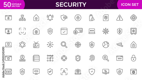 Set of Security web icons in line style. Guard, cyber security, password, smart home, safety, data protection, key, shield, lock, unlock, eye access. Security outline icon set.