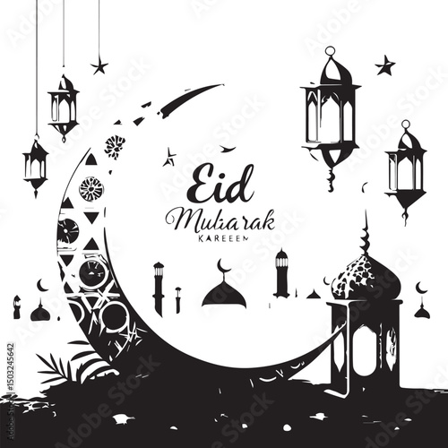 Translation Happy Eid al Fitr Eid Mubarak vactor with Lantern and Gar