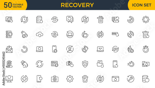 Set of outline icons related to recovery. Linear icon collection. Editable stroke. Vector illustration