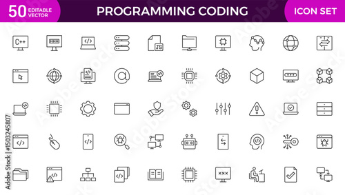 set of Programming coding web icons in line style. Software development icons for web and mobile app. Code, api, programmer, developer, information technology, coder and more.