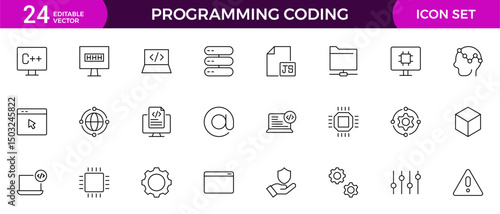 set of Programming coding web icons in line style. Software development icons for web and mobile app. Code, api, programmer, developer, information technology, coder and more.