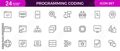set of Programming coding web icons in line style. Software development icons for web and mobile app. Code, api, programmer, developer, information technology, coder and more.