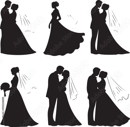 Bride and Groom Wedding Silhouette

Just Married Couple Vector Art

Elegant Wedding Moment Illustration

Romantic Bride & Groom Pose

Classic Wedding Couple Silhouette