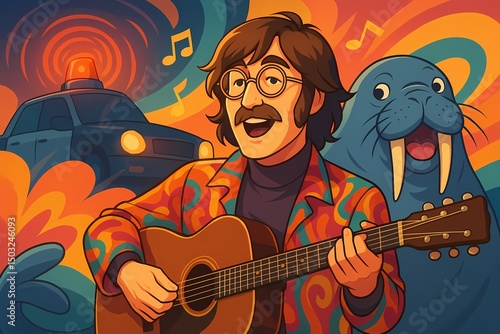 Cartoon man playing guitar with colorful background and walrus  