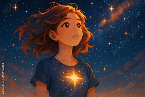 Young girl gazing at stars with glowing star design on shirt  