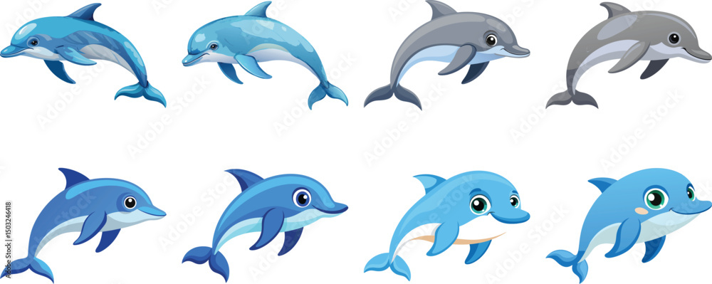 Naklejka premium set of jumping dolphins isolated on white background 