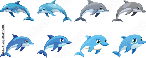 set of jumping dolphins isolated on white background
