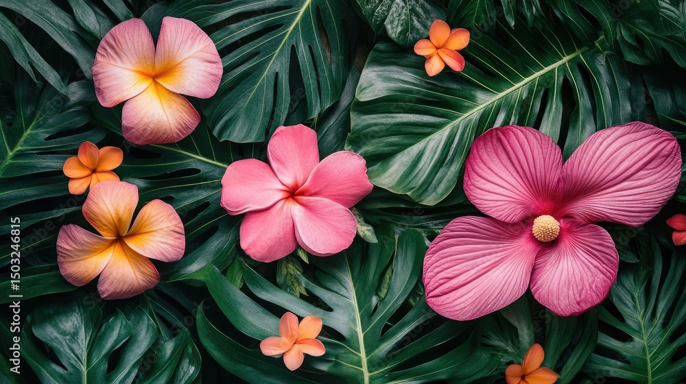 flat lay of tropical flowers and leaves in Seychelles, bright pinks, oranges, lush greens flat lay of tropical flowers and leaves in Seychelles, bright pinks, oranges, lush greens