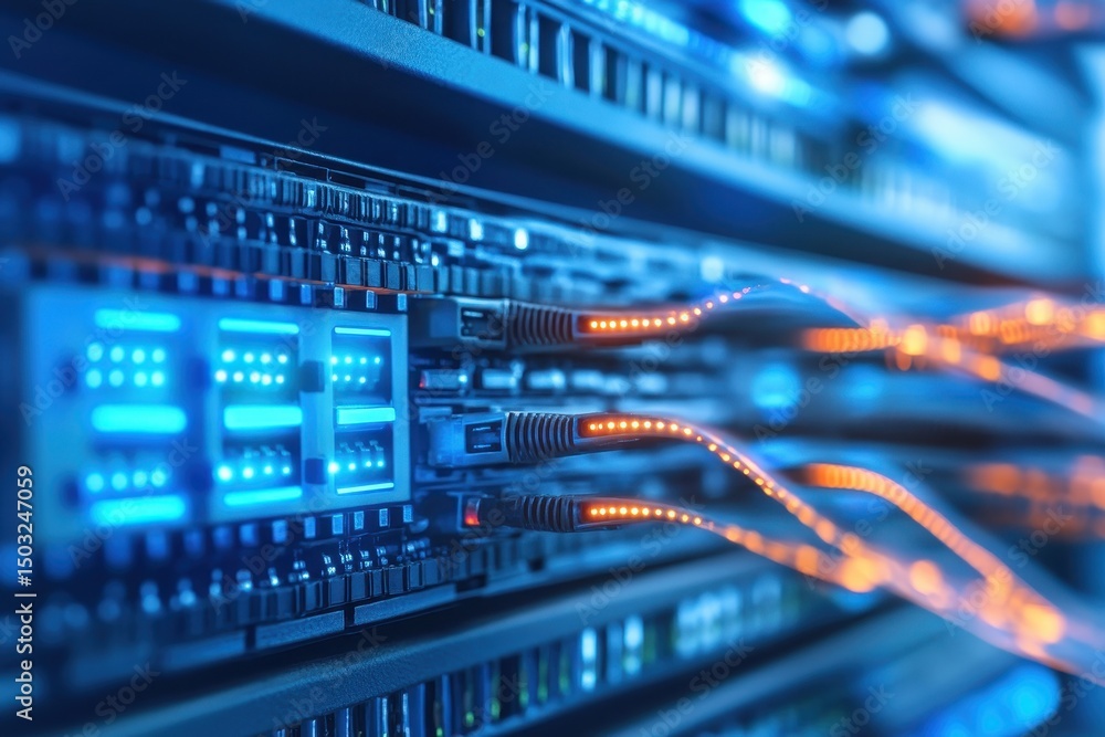 Data center with fiber optic cables connecting to servers showing high-speed internet connection and database information transfer for global communication and network technology Data center with fiber optic cables connecting to servers showing high-speed internet connection and database information transfer for global communication and network technology
