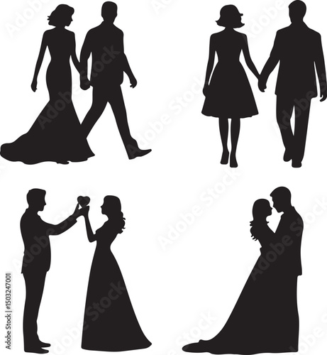 Bride and Groom Wedding Silhouette

Just Married Couple Vector Art

Elegant Wedding Moment Illustration

Romantic Bride & Groom Pose

Classic Wedding Couple Silhouette