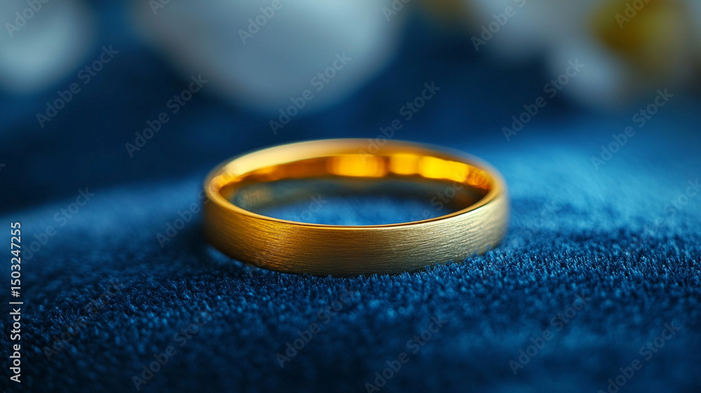 Gold wedding ring resting on a soft velvet surface, symbolizing love, commitment, and elegance, with caption space on the side for a refined presentation.
Gold wedding ring resting on a soft velvet surface, symbolizing love, commitment, and elegance, with caption space on the side for a refined presentation.